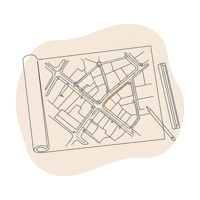Plan de voirie et réseaux déroulé sur une table, un tronçon de réseau surligné